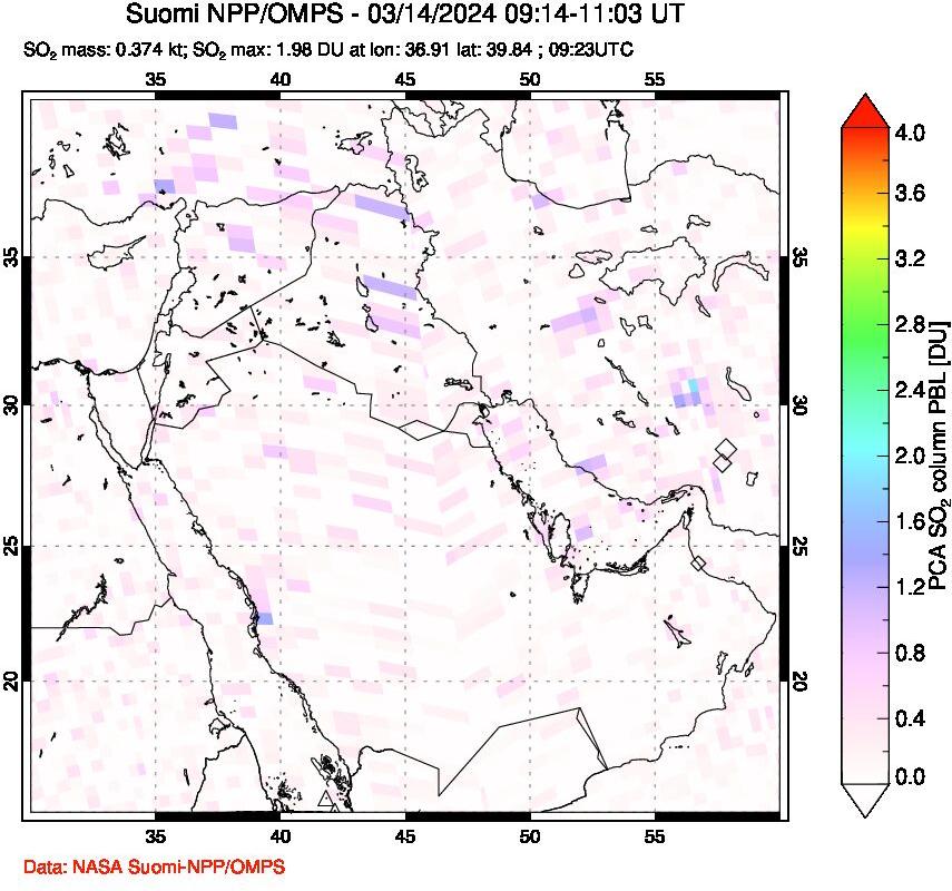 A sulfur dioxide image over Middle East on Mar 14, 2024.