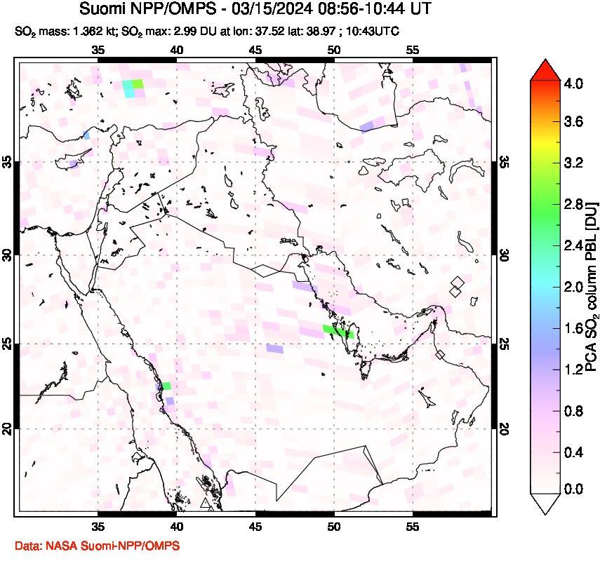 A sulfur dioxide image over Middle East on Mar 15, 2024.