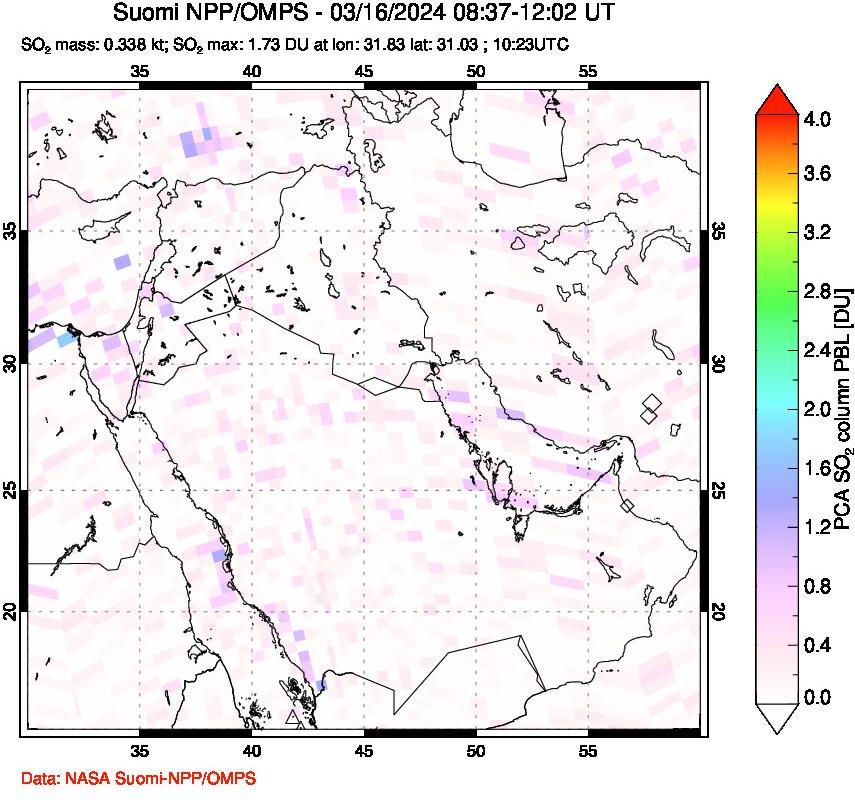 A sulfur dioxide image over Middle East on Mar 16, 2024.