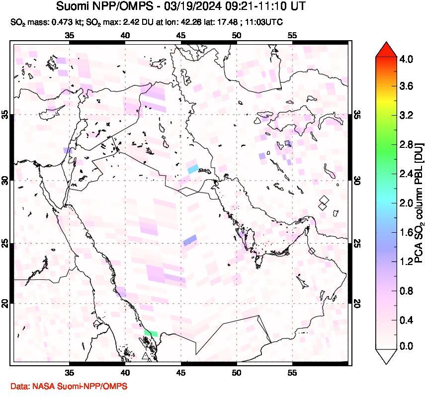 A sulfur dioxide image over Middle East on Mar 19, 2024.