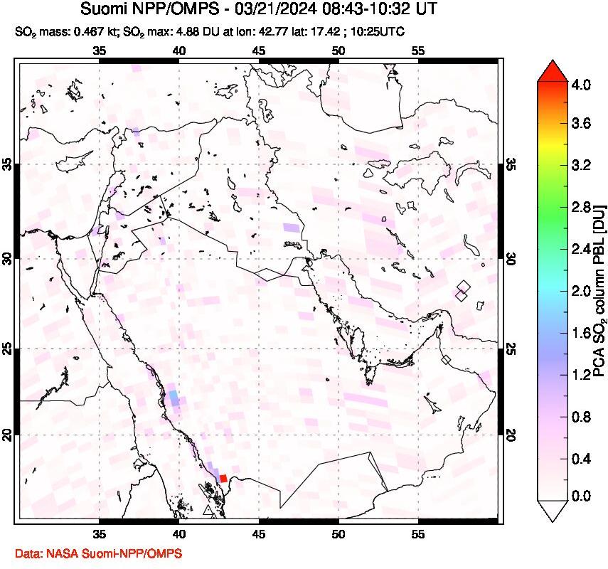 A sulfur dioxide image over Middle East on Mar 21, 2024.