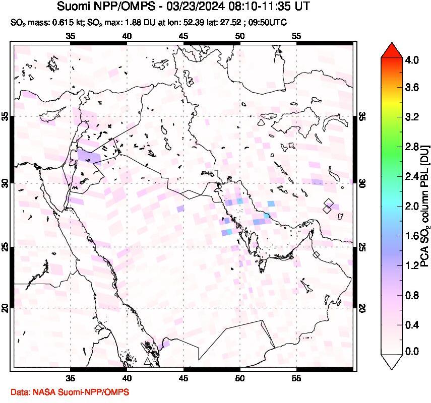 A sulfur dioxide image over Middle East on Mar 23, 2024.