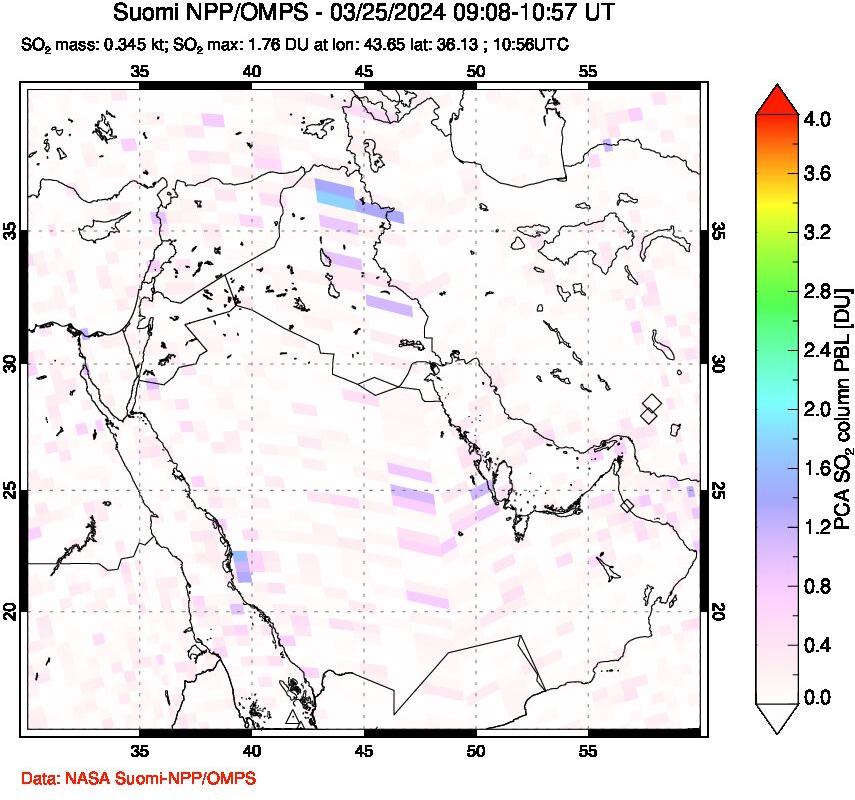 A sulfur dioxide image over Middle East on Mar 25, 2024.