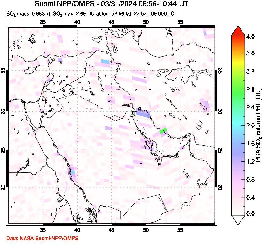 A sulfur dioxide image over Middle East on Mar 31, 2024.