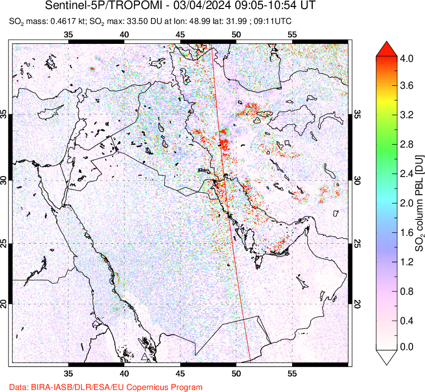 A sulfur dioxide image over Middle East on Mar 04, 2024.