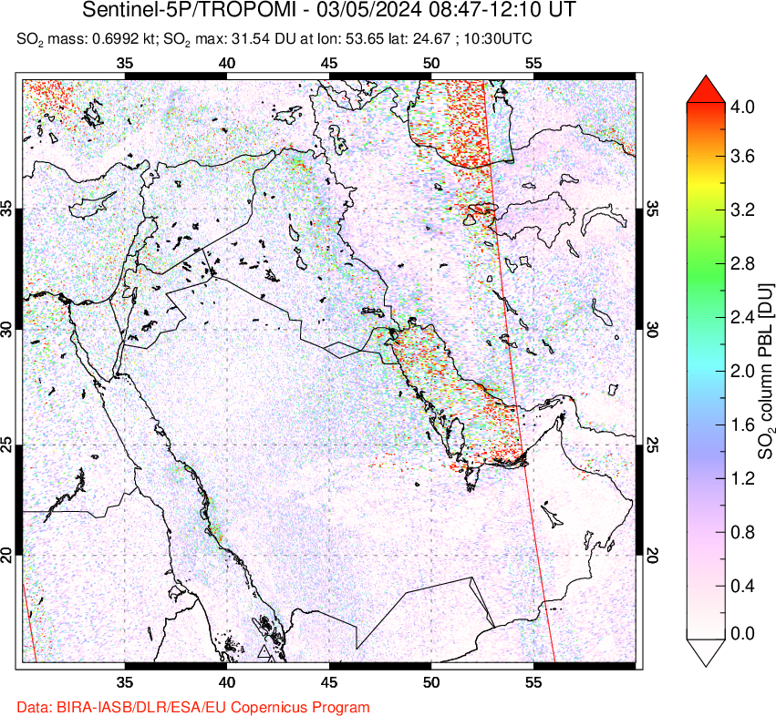 A sulfur dioxide image over Middle East on Mar 05, 2024.