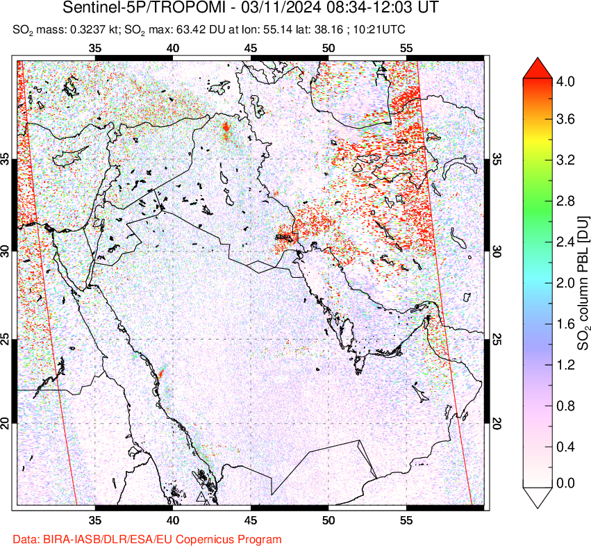 A sulfur dioxide image over Middle East on Mar 11, 2024.