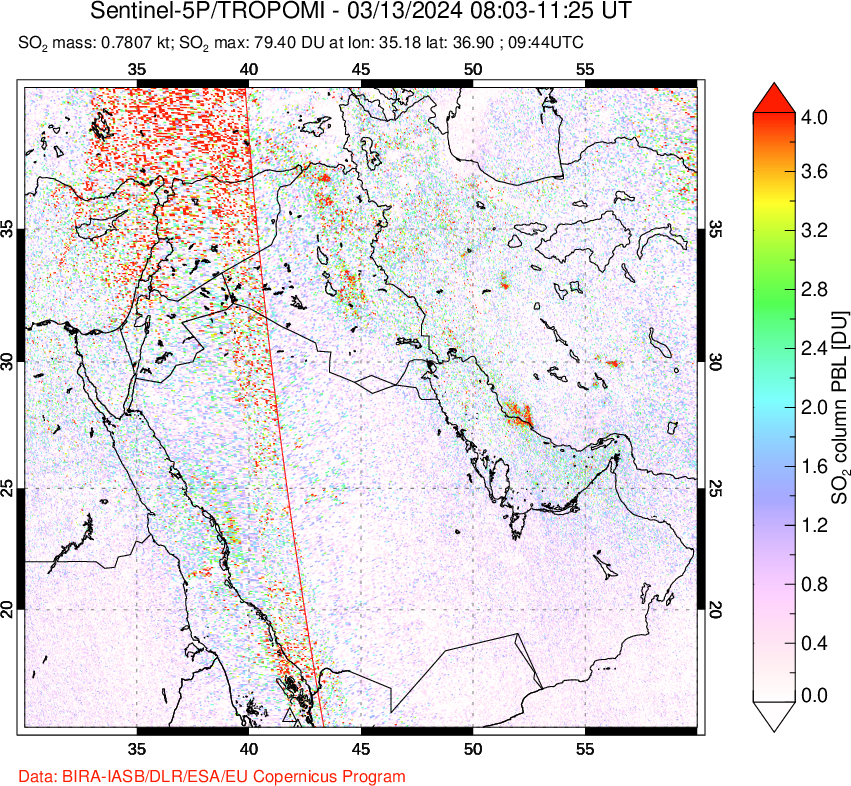 A sulfur dioxide image over Middle East on Mar 13, 2024.