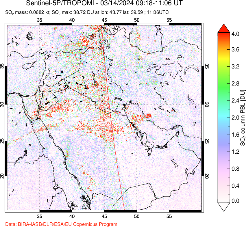 A sulfur dioxide image over Middle East on Mar 14, 2024.