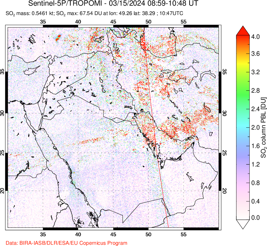 A sulfur dioxide image over Middle East on Mar 15, 2024.