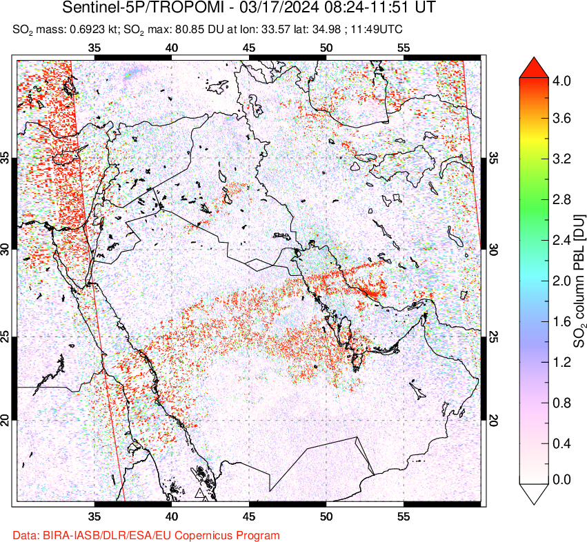 A sulfur dioxide image over Middle East on Mar 17, 2024.