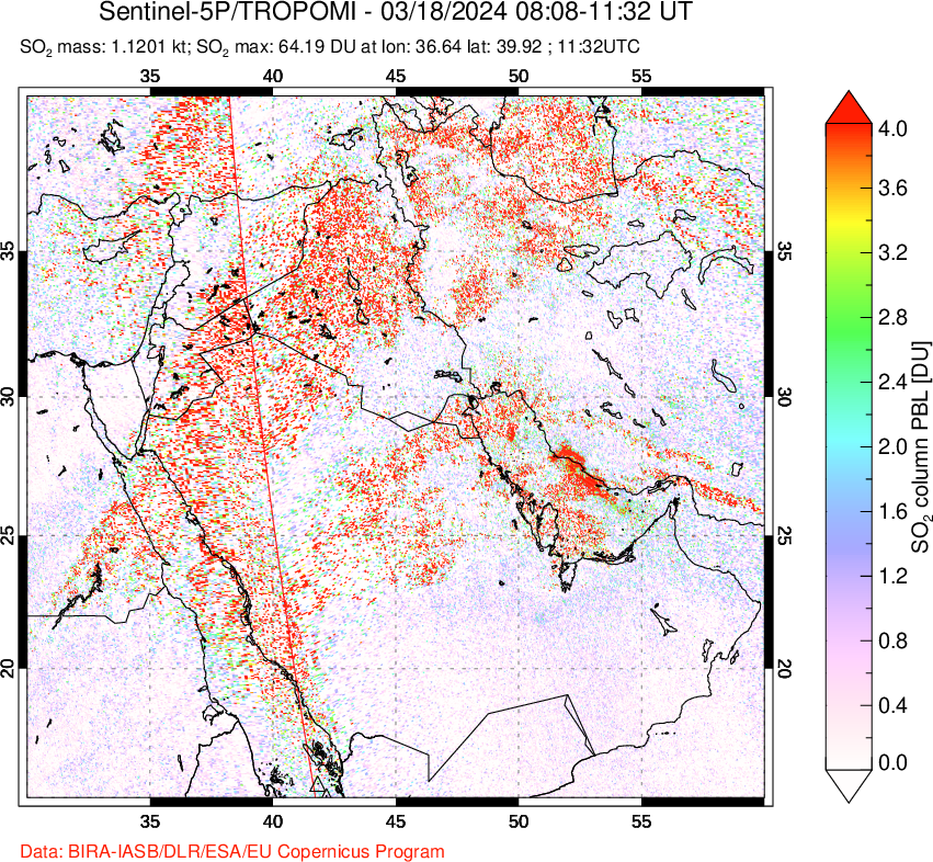 A sulfur dioxide image over Middle East on Mar 18, 2024.