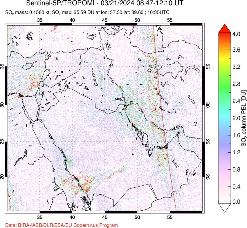 A sulfur dioxide image over Middle East on Mar 21, 2024.