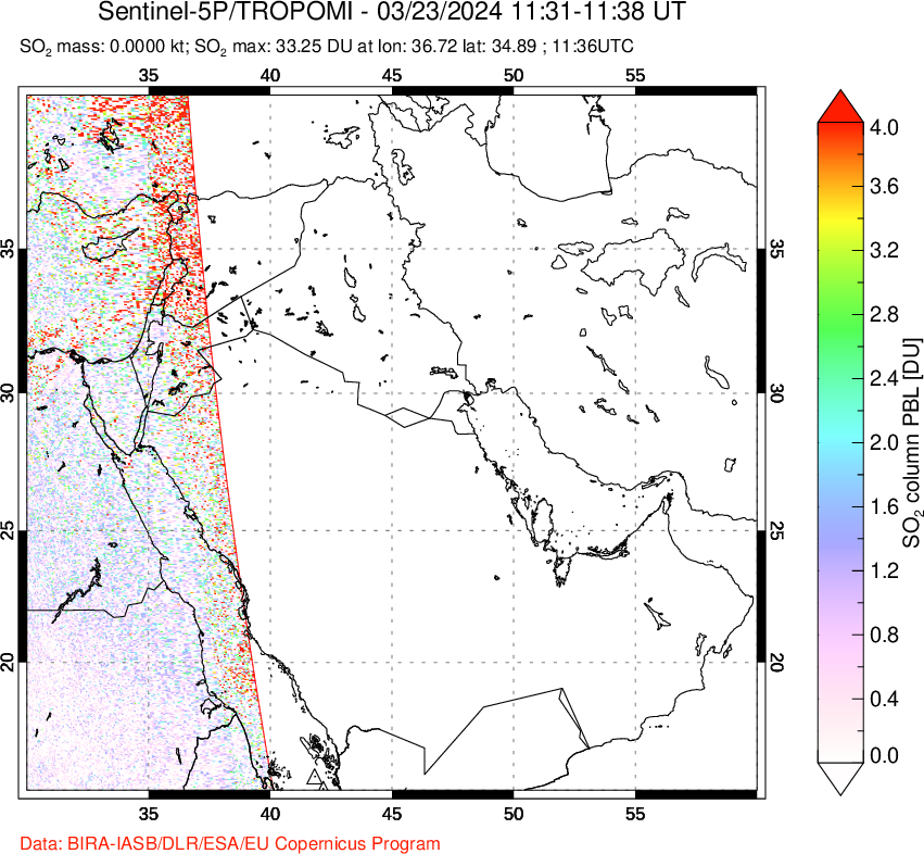 A sulfur dioxide image over Middle East on Mar 23, 2024.