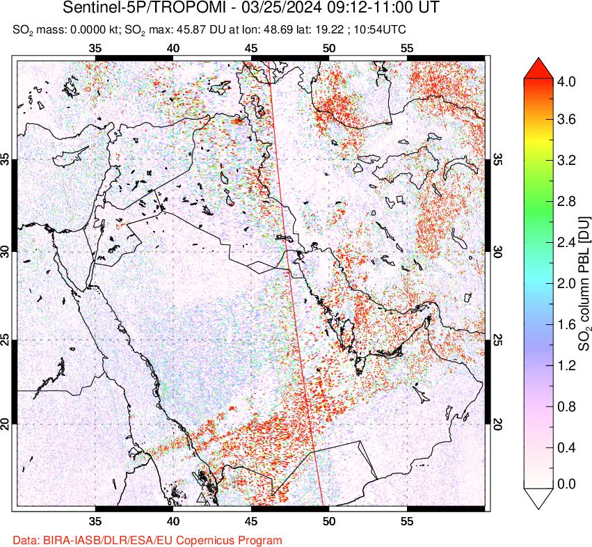 A sulfur dioxide image over Middle East on Mar 25, 2024.