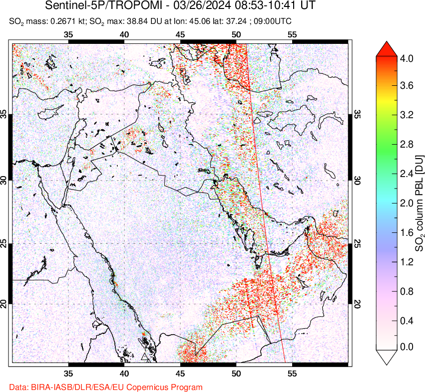 A sulfur dioxide image over Middle East on Mar 26, 2024.