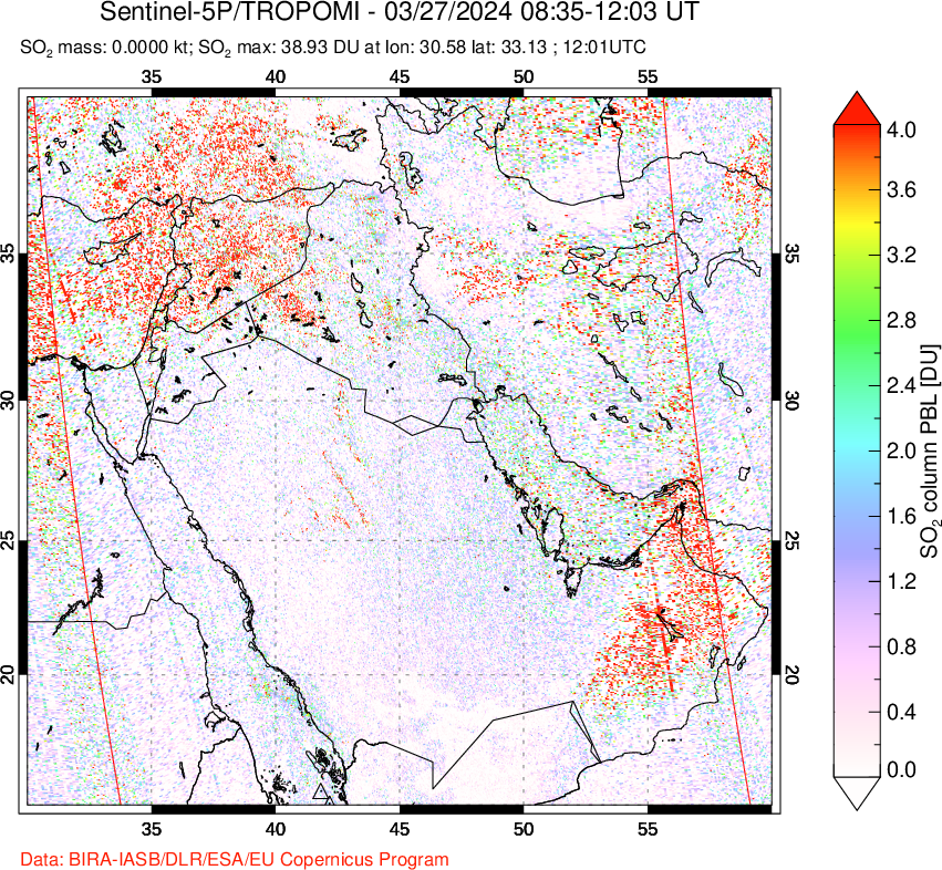 A sulfur dioxide image over Middle East on Mar 27, 2024.