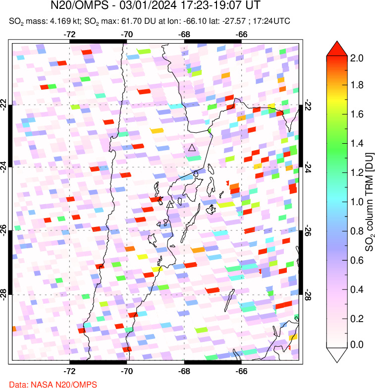 A sulfur dioxide image over Northern Chile on Mar 01, 2024.