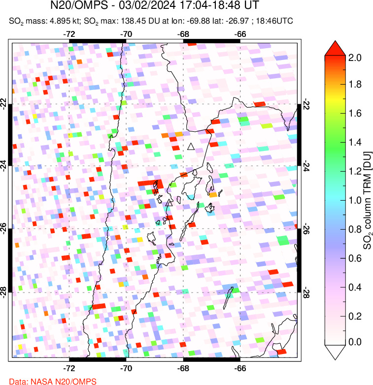 A sulfur dioxide image over Northern Chile on Mar 02, 2024.