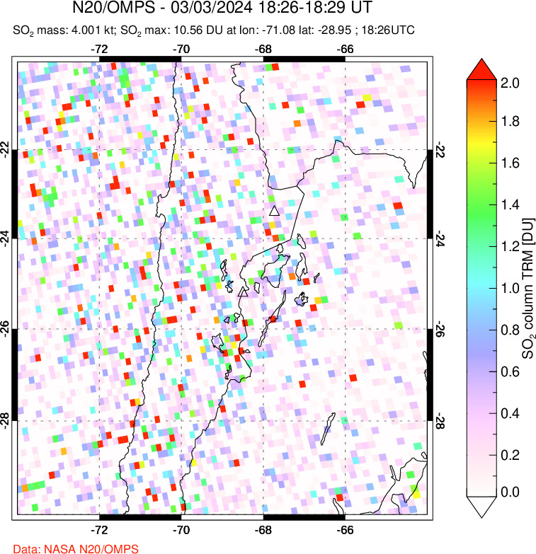 A sulfur dioxide image over Northern Chile on Mar 03, 2024.