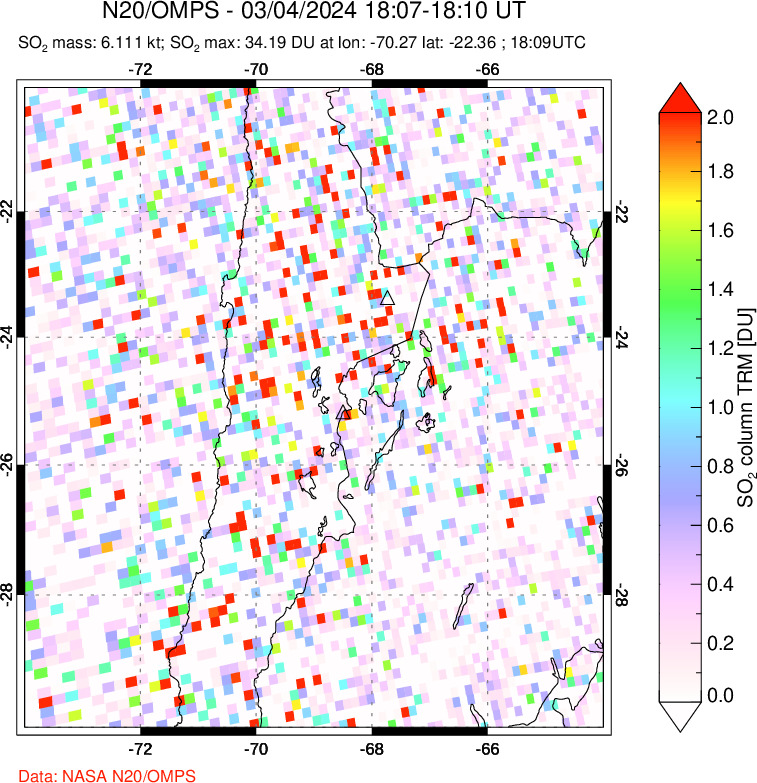 A sulfur dioxide image over Northern Chile on Mar 04, 2024.