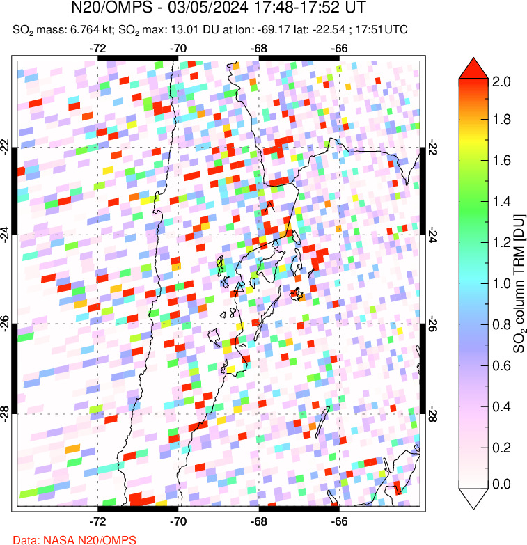 A sulfur dioxide image over Northern Chile on Mar 05, 2024.