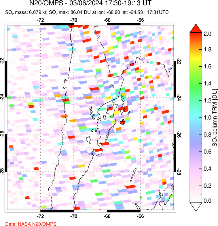 A sulfur dioxide image over Northern Chile on Mar 06, 2024.