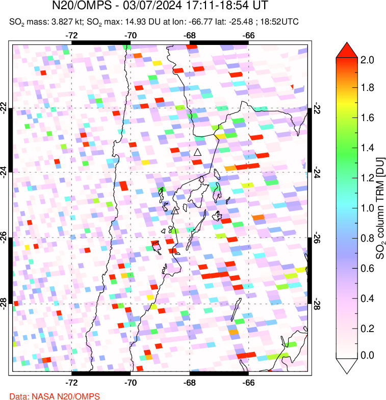 A sulfur dioxide image over Northern Chile on Mar 07, 2024.