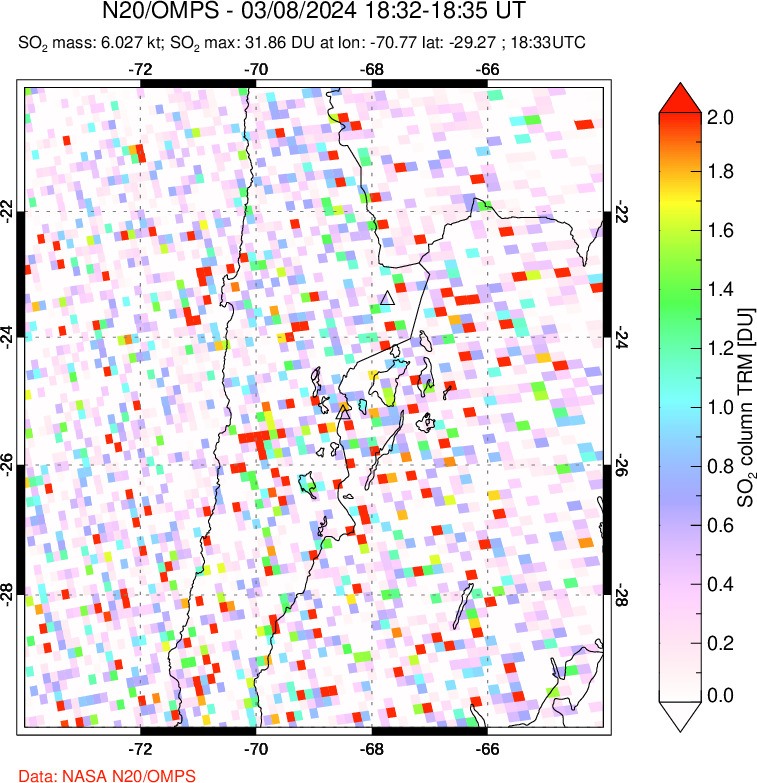 A sulfur dioxide image over Northern Chile on Mar 08, 2024.