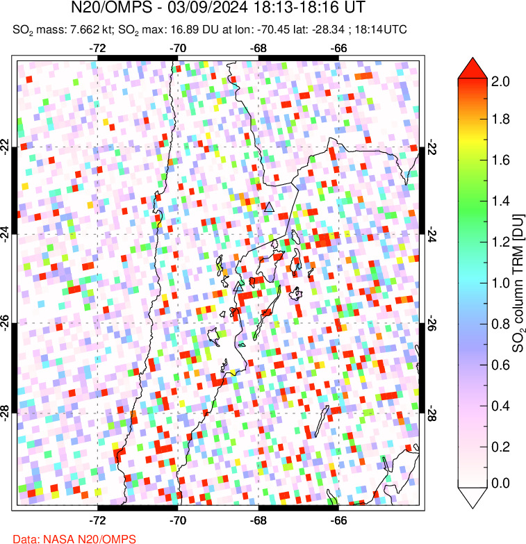 A sulfur dioxide image over Northern Chile on Mar 09, 2024.