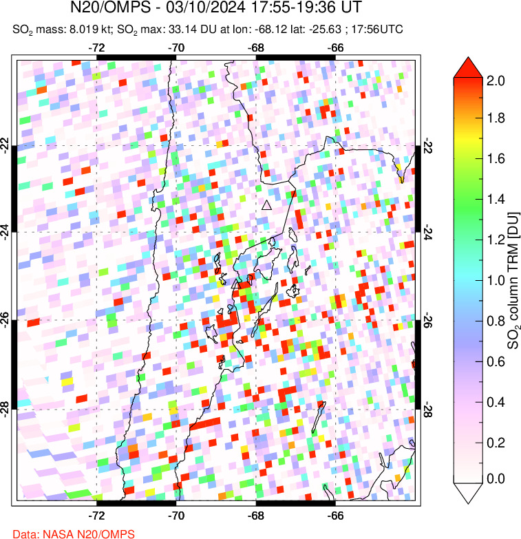 A sulfur dioxide image over Northern Chile on Mar 10, 2024.