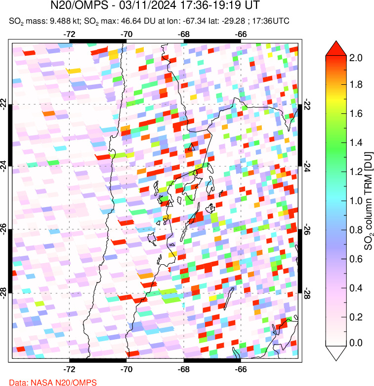 A sulfur dioxide image over Northern Chile on Mar 11, 2024.