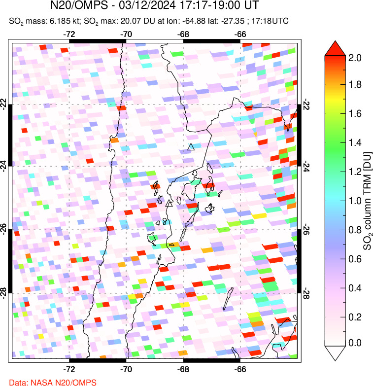 A sulfur dioxide image over Northern Chile on Mar 12, 2024.