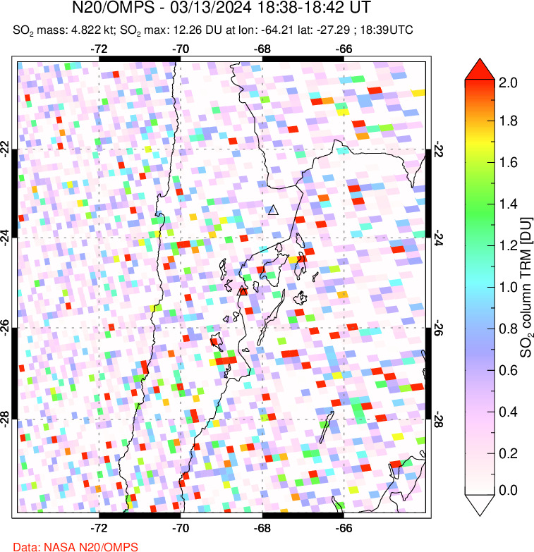 A sulfur dioxide image over Northern Chile on Mar 13, 2024.