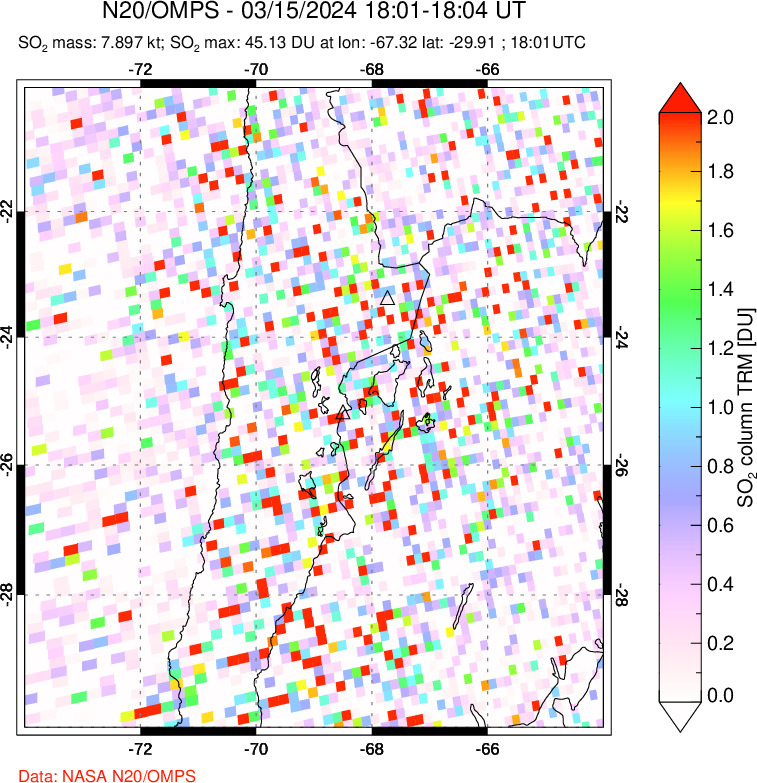 A sulfur dioxide image over Northern Chile on Mar 15, 2024.