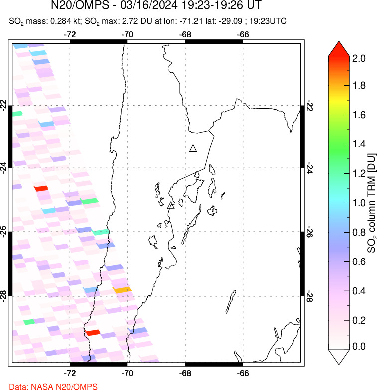 A sulfur dioxide image over Northern Chile on Mar 16, 2024.