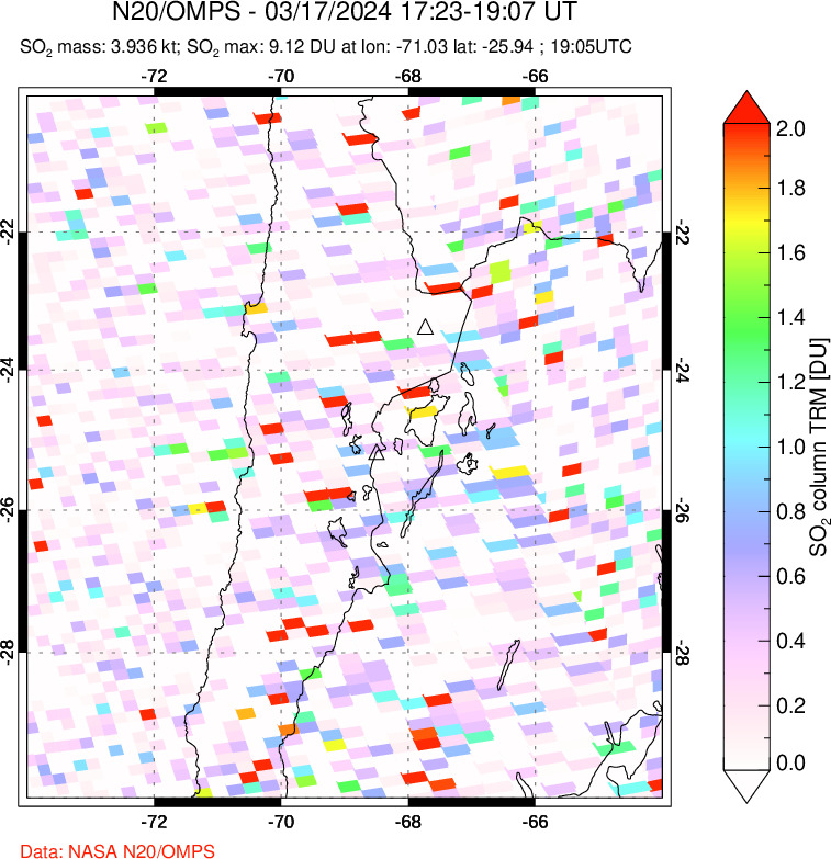 A sulfur dioxide image over Northern Chile on Mar 17, 2024.