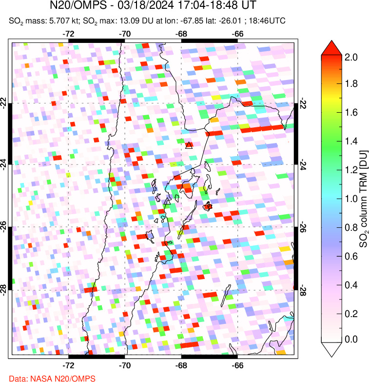 A sulfur dioxide image over Northern Chile on Mar 18, 2024.