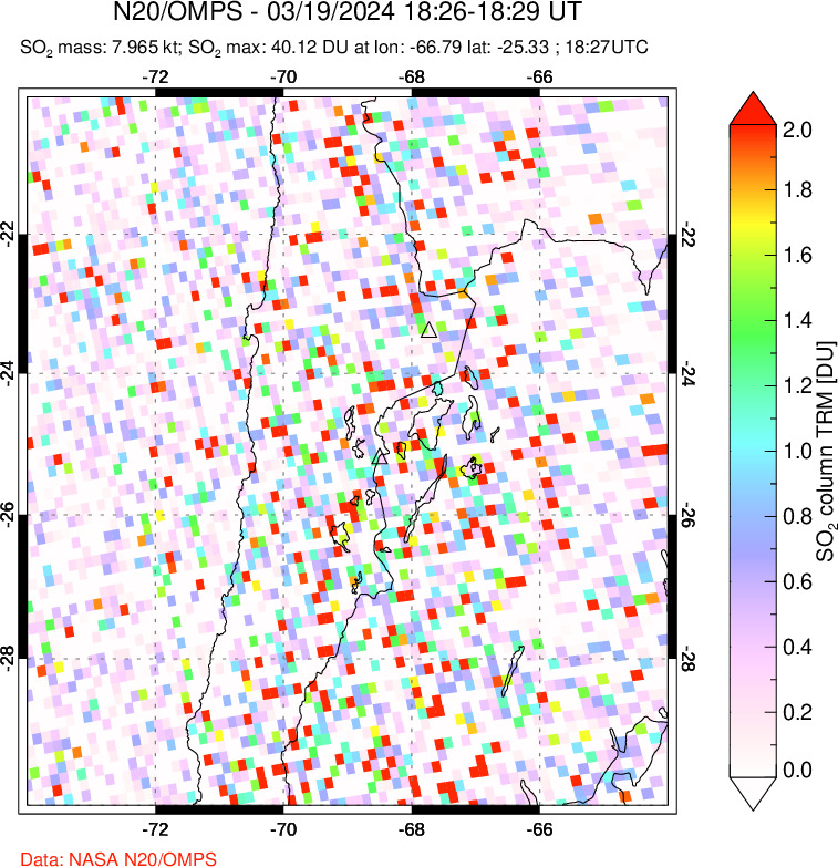 A sulfur dioxide image over Northern Chile on Mar 19, 2024.