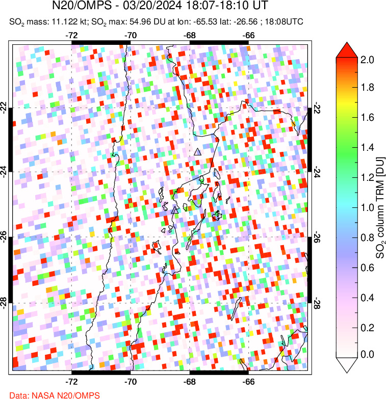 A sulfur dioxide image over Northern Chile on Mar 20, 2024.