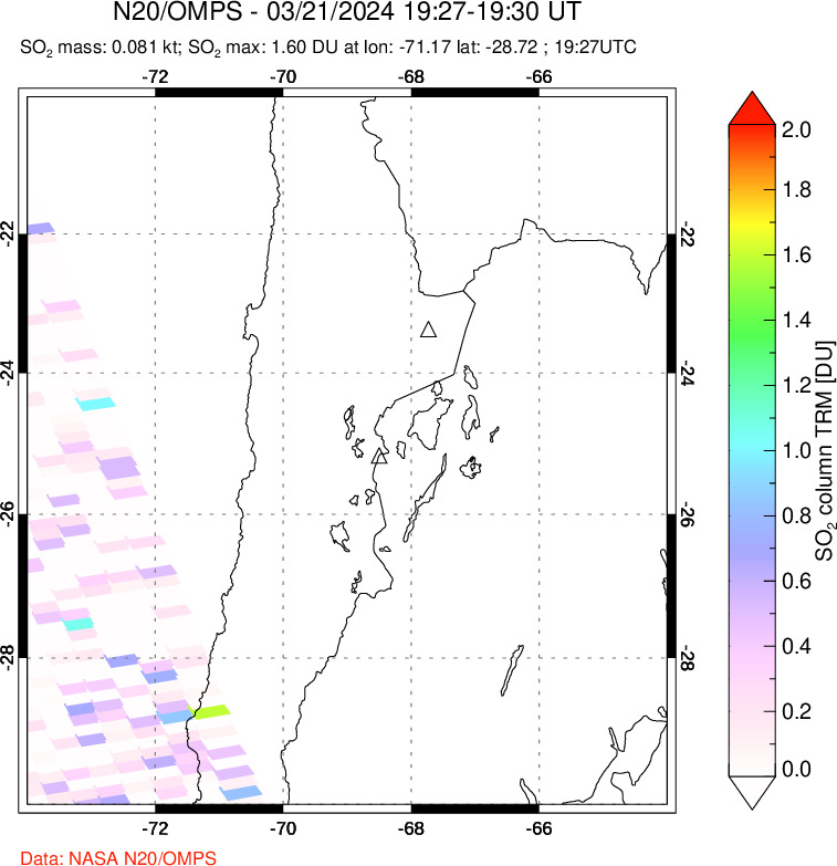 A sulfur dioxide image over Northern Chile on Mar 21, 2024.