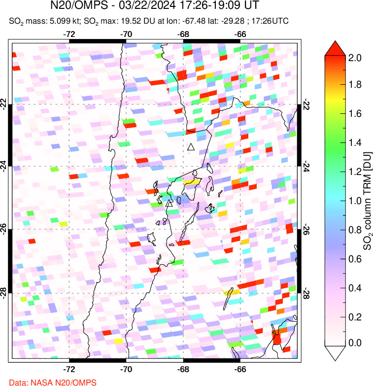 A sulfur dioxide image over Northern Chile on Mar 22, 2024.