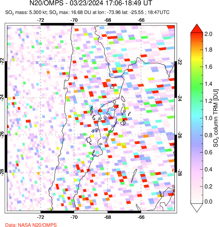 A sulfur dioxide image over Northern Chile on Mar 23, 2024.