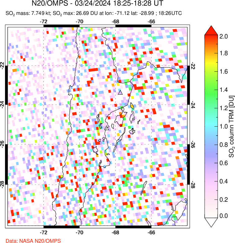 A sulfur dioxide image over Northern Chile on Mar 24, 2024.