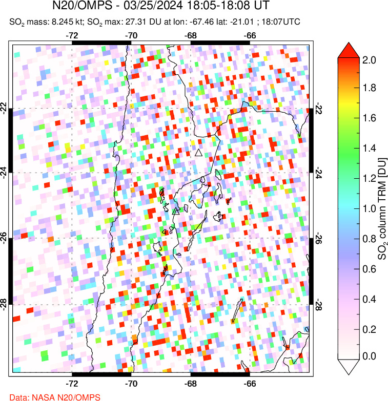 A sulfur dioxide image over Northern Chile on Mar 25, 2024.