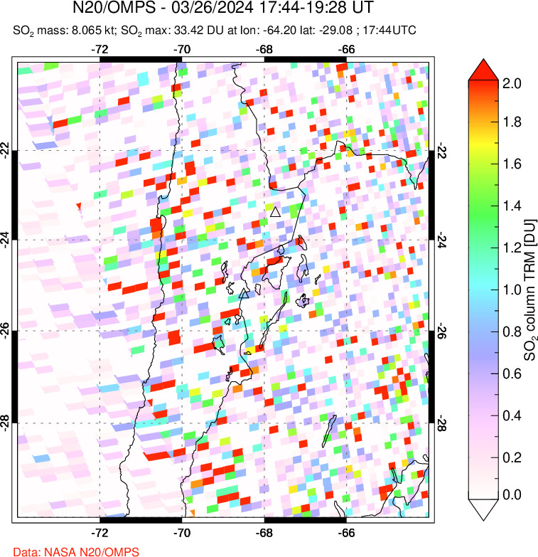 A sulfur dioxide image over Northern Chile on Mar 26, 2024.