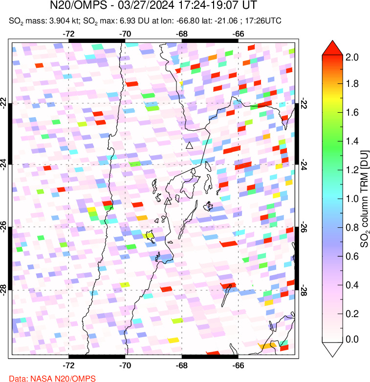 A sulfur dioxide image over Northern Chile on Mar 27, 2024.