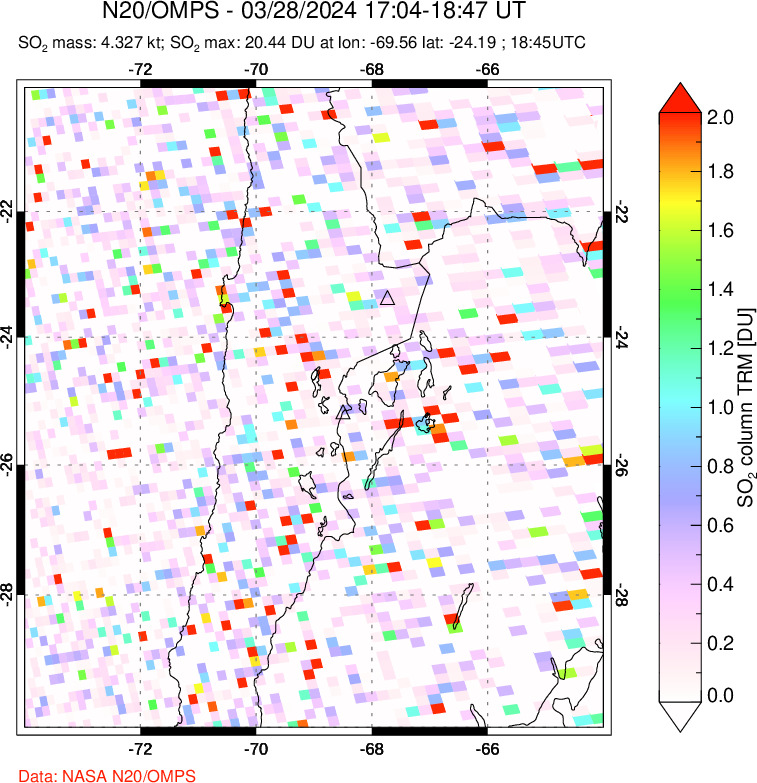 A sulfur dioxide image over Northern Chile on Mar 28, 2024.