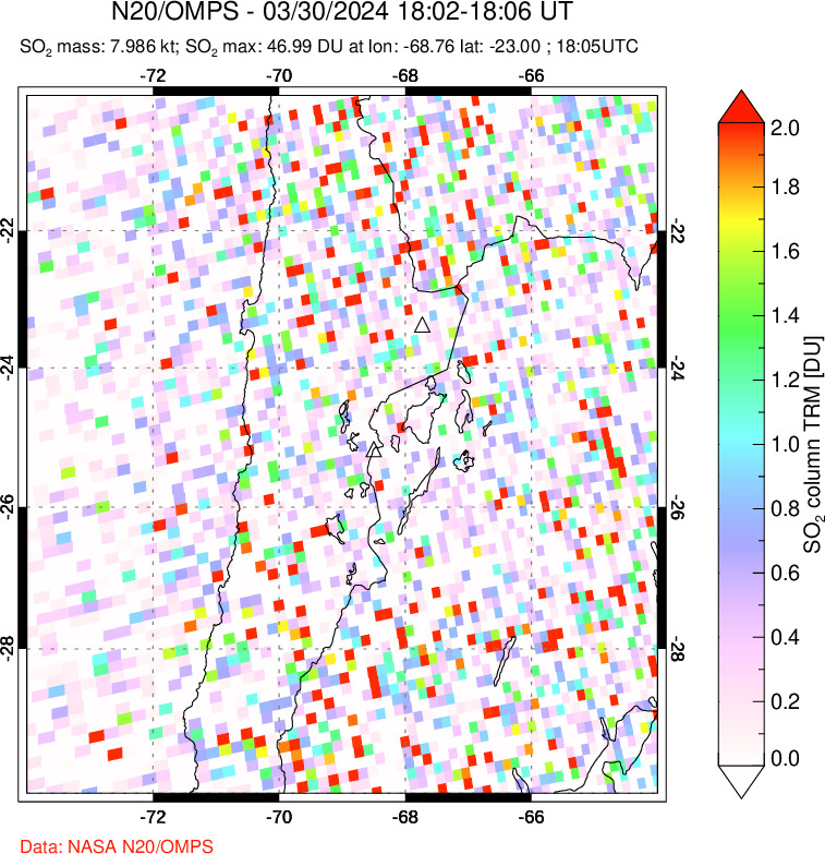 A sulfur dioxide image over Northern Chile on Mar 30, 2024.