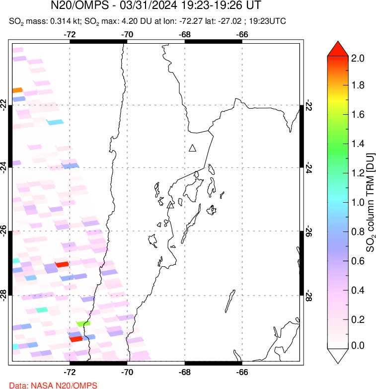 A sulfur dioxide image over Northern Chile on Mar 31, 2024.